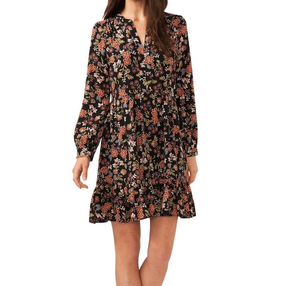 Vince Camuto Women's Floral Printed Long Sleeve Split Neck Baby Doll Dress